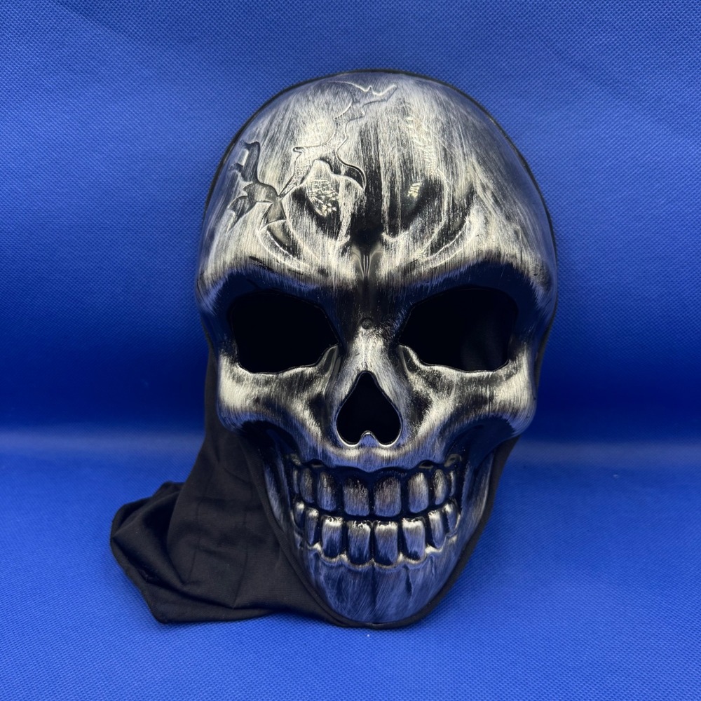 Silver Skull Balaclava Mask Weathered Skeleton Halloween Costume Hood Spooky Alt